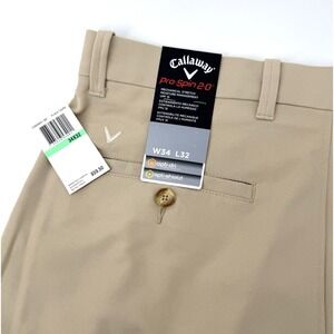 Callaway Pro Spin 2.0 Golf Pants Mens 34x32 Beige Opti-Dri Shield Flat Front NEW